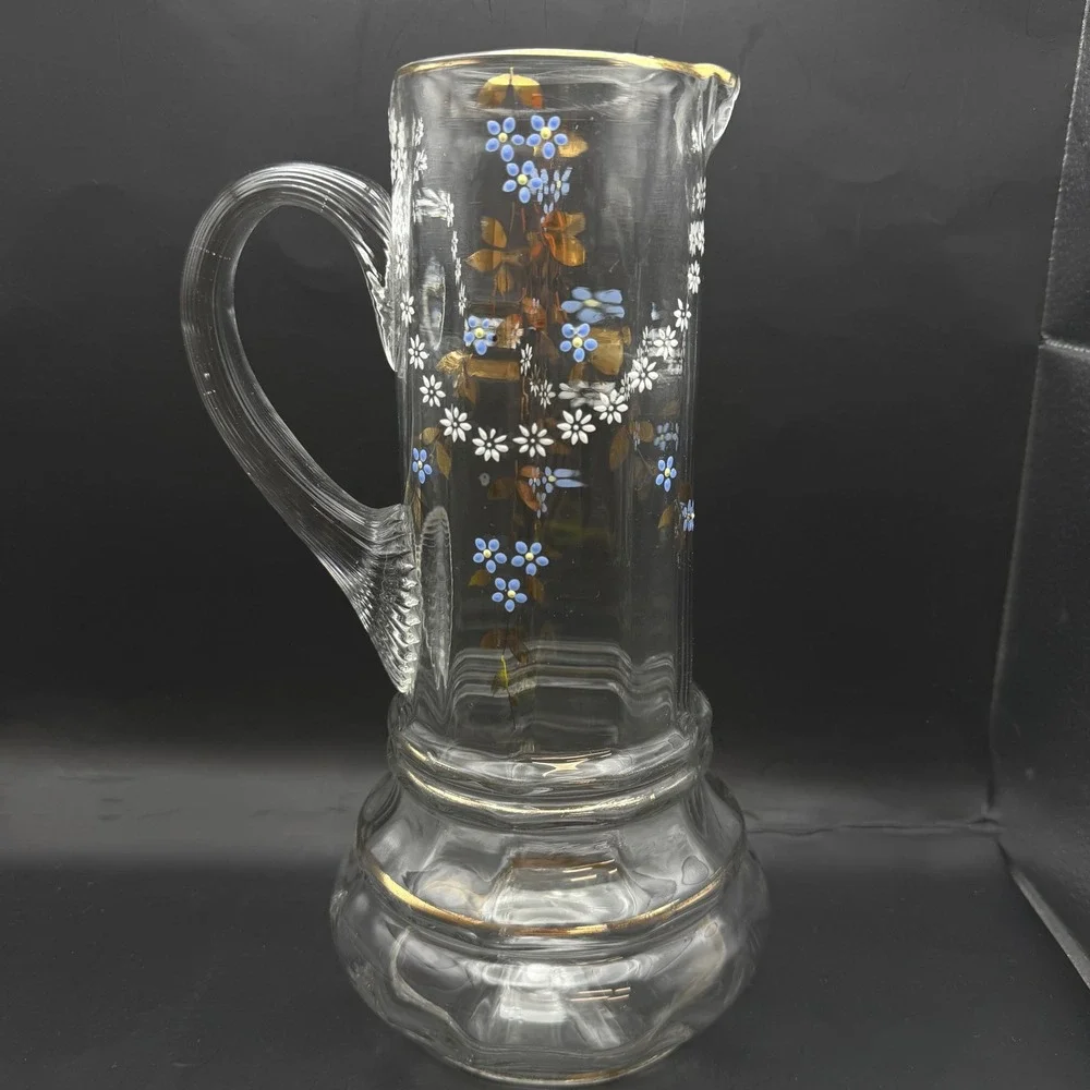 Antique Victorian Bohemian Enameled Glass Claret Pitcher Blue Floral Gilt 11‎ in